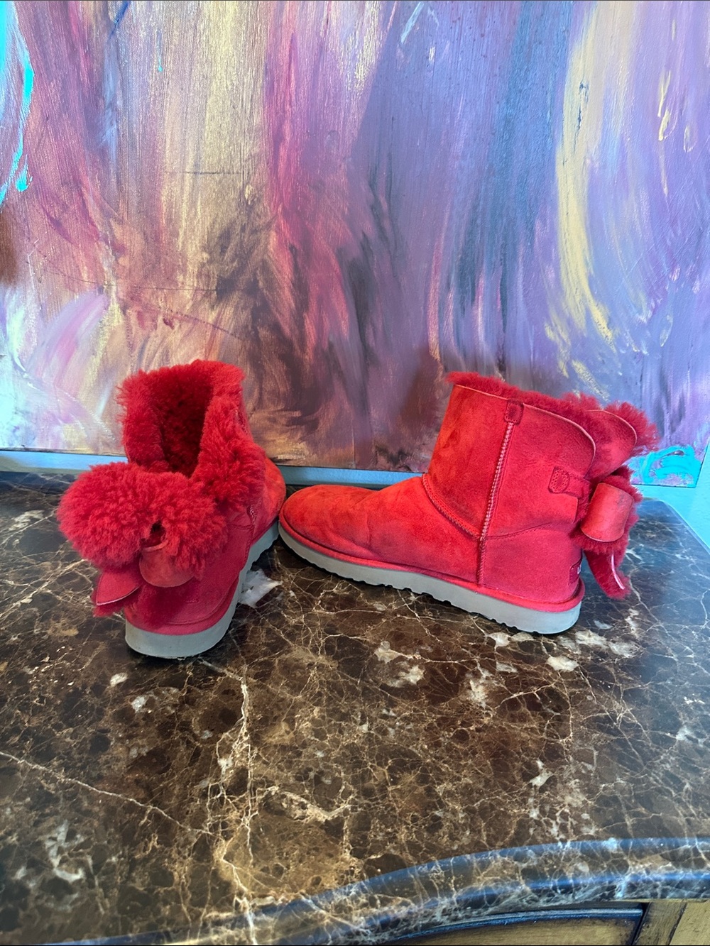 UGG Red Shearling-Lined Pom Back Bow Short Booties